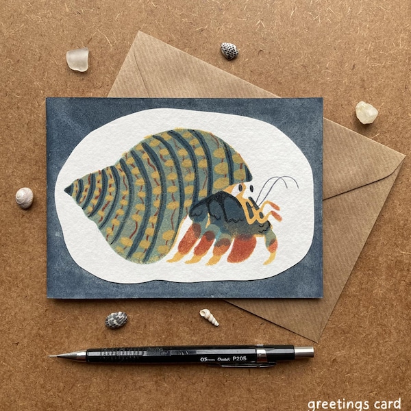 Tarjeta/impresión en linóleo de cangrejo ermitaño