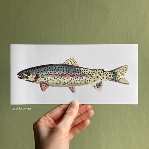 Carte de voeux en linogravure de truite arc-en-ciel