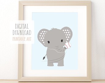 Sport Nursery Wall Art - Printable Animal Art - Nursery Decor Blue - Modern Wall Decor Boy - Elephant Nursery Print - Digital Download Art