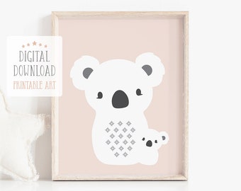 Koala Print, Woodland Nursery Print, Girl Nursery Wall Art, Pale Pink Nursery Decor, Printable Art Digital Download, Australian Animal Print