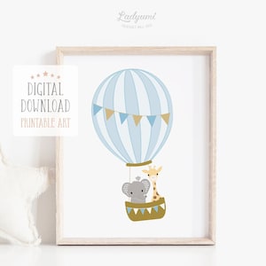 Nursery Wall Art, Hot Air Balloon Print, Baby Animals Printable Art, Nursery Decor Boy, Safari Nursery Decor, Digital Download Art