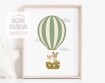 Hot Air Balloon Nursery Decor, Printable Kids Wall Art, Woodland Animal Print, Baby Room Wall Decor Green, Digital Download Art