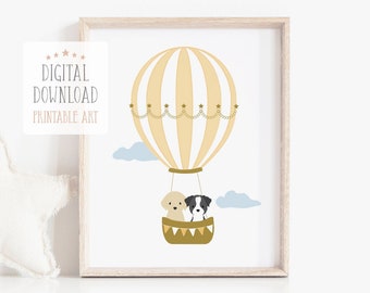 Hot Air Balloon Print, Printable Nursery Wall Art, Baby Animal Print, Neutral Nursery, Playroom Decor