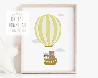 Hot Air Balloon Nursery Decor, Printable Kids Wall Art, Woodland Animal Print, Baby Room Wall Decor, Digital Download Art