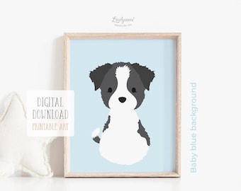 Border Collie Print, Dog Themed Nursery, Printable Digital Download, Puppy Art Print, Dog Lover Gift, Baby Blue Room Decor