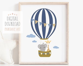 Navy Hot Air Balloon Nursery Wall Art - Printable Nursery Animals Decor - Digital Download Art