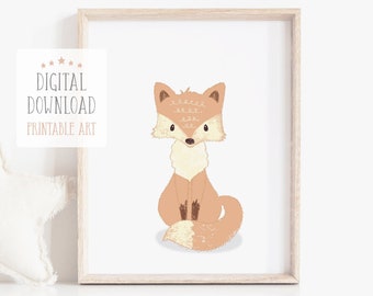 Woodland Nursery Decor, Printable Wall Art, Nursery Print Fox, Woodland Animal Print, Kids Wall Art, Digital Download Art