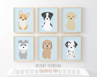 Puppy Dog Nursery Prints: Baby Boy Room Decor, Set of 6 (Digital Download)