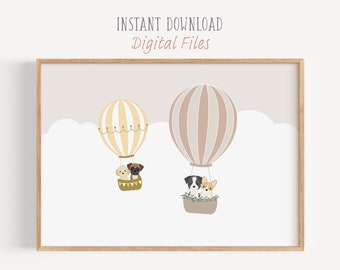 Dog Wall Art Print, Dog Themed Nursery, Printable Kids Wall Art, Hot Air Balloon Poster, Baby Room Decor, Digital Download