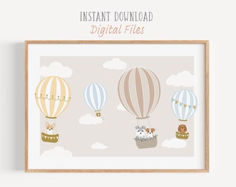 Neutral Horizontal Print, Dog Themed Nursery, Printable Digital Download, Kids Wall Art, Hot Air Balloon Art Poster, Baby Room Decor