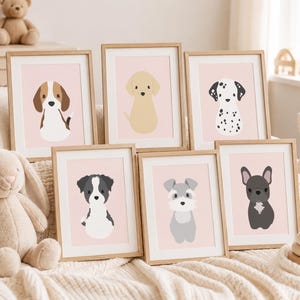 May include: A set of six framed wall art prints featuring illustrations of different dog breeds on a light pink background. The text at the top reads SET OF 6 PRINTABLE WALL ART and Instant Download. The bottom right corner features the text Ladyumi.