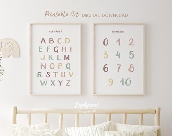 Educational Poster Set of 2, Alphabet Poster, Numbers Print, Kids Room Decor, Classroom Decor, Homeschool Print, Digital Download