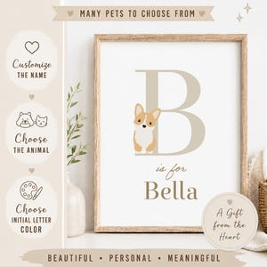 Pode incluir: Uma arte digital para impressão apresentando uma letra B grande em bege, uma pequena ilustração de um cão Corgi e o nome Bella em texto castanho. O design inclui as frases Digital Download, Personalized Printable Art e A Gift from the Heart.