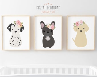 Dog with Flowers Art, Floral Nursery Art Set, Girls Room Decor, Puppy Wall Art,  Printable Art for Girls, Pink Roses Print, Digital Download