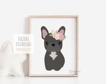 French Bulldog Art, Dog with Flowers Print, Girls Room Decor, Floral Nursery Print, Printable Art for Girls, Pink Roses Art,Digital Download