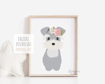 Dog with Flowers Art, Baby Girl Nursery, Printable Puppy Dog Print, Animal with Flower Crown, Rose Nursery Decor, Schnauzer,Digital Download