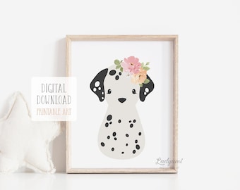 Dalmatian Print, Printable Nursery Art, Girls Room Decor, Animal with Flower Crown, Wall Art for Girls, Floral Nursery Art,Digital Download