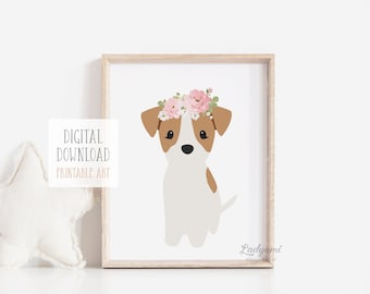 Dog with Flowers Art, Printable Art for Girls, Jack Russel Print, Girls Room Decor, Floral Nursery Print, Puppy Dog Print, Digital Download