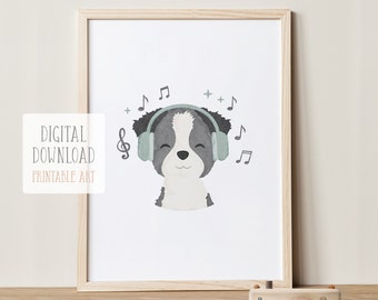 Musical Dog Kids Poster, Printable Kids Room Decor, Border Collie Poster, Music Nursery Decor, Animal Music, Digital Download