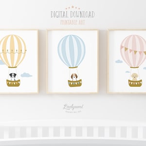 Nursery Wall Art, Hot Air Balloon Dog Prints, Printable Kids Art, Nursery Prints, Labrador, Border Collie, Beagle, Digital Download Art Set