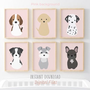 Dog Nursery Prints, Baby Girl Gift, Nursery Art, Pink Nursery Decor, Puppy Prints Set of 6, Girls Room Decor, Printable Digital Download Art image 1