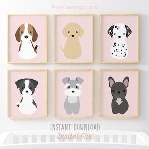 Dog Nursery Prints, Baby Girl Gift, Nursery Art, Pink Nursery Decor, Puppy Prints Set of 6, Girls Room Decor, Printable Digital Download Art
