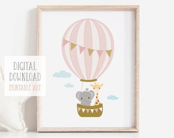Hot Air Balloon Nursery Wall Art - Nursery Decor Girl - Printable Nursery Animal Decor - Digital Download Art