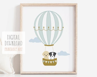 Hot Air Balloon with Puppies Printable Art - Dog Nursery Wall Decor - Labrador and Border Collie Print - Kids Digital Download - Pale Blue