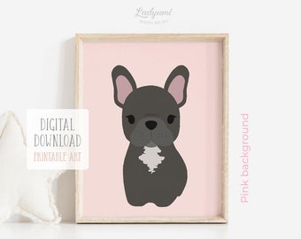 Nursery Print Dog, Pink Nursery Decor, French Bulldog Puppy Print, Girl Room Decor Pink, Printable Wall Art for Kids, Digital Download