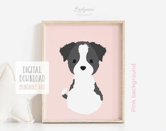Border Collie Puppy Print: Pink Nursery Wall Art (Digital Download)