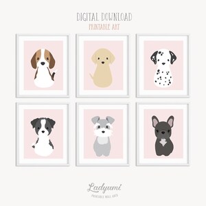 Dog Nursery Prints, Baby Girl Gift, Nursery Art, Pink Nursery Decor, Puppy Prints Set of 6, Girls Room Decor, Printable Digital Download Art image 2