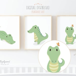 Safari Nursery Decor, Alligator Nursery Prints, Printable Art, Baby Boys Room Decor, Nursery Animal Prints, Digital Download Art Set of 3