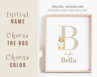 Initial name print, Dog art for nursery, Personalized baby gift, Letter with dog, Kids wall art, Customized gift mom, Digital Download Art