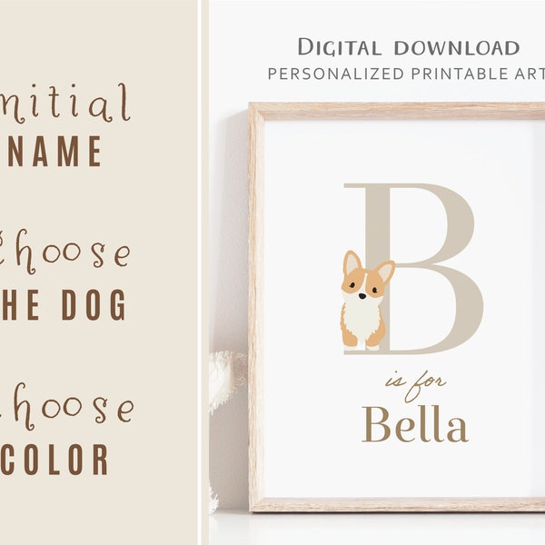 Initial name print, Dog art for nursery, Personalized baby gift, Letter with dog, Kids wall art, Customized gift mom, Digital Download Art