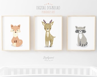 Woodland Animals Wall Art Printables, Nursery Prints set of 3, Cute Animal Prints, Kids Wall Art, Digital Download Art, Neutral Nursery Art