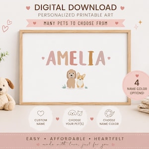 Pode incluir: Uma arte digital personalizada para imprimir em uma moldura de madeira com o nome AMELIA em tons suaves acima de ilustrações de dois cães pequenos. O design inclui o texto DIGITAL DOWNLOAD, MANY PETS TO CHOOSE FROM e 4 NAME COLOR OPTIONS.