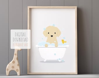 Kids Bathroom Print, Puppy Printable Art, Labrador in Bathtub Wall Art, Child Bathroom Print, Digital Download