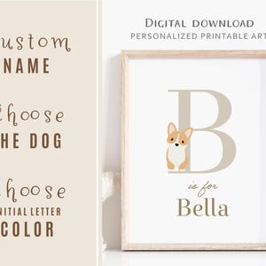 Initial name print, Dog art for nursery, Personalized baby gift, Letter with dog, Kids wall art, Customized gift mom, Digital Download Art
