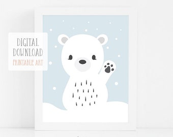 Polar Bear Nursery Print, Baby Animal Nursery Wall Art, Printable Kids Wall Art, Baby Shower Gift, Bear Nursery Art, Digital Download Art