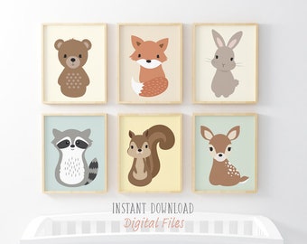 Woodland Animal Nursery Prints: Set of 6, Neutral Decor (Digital Download)