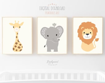 Safari Animal Nursery Prints: Giraffe, Elephant, Lion Art (Digital Download)