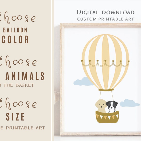 Hot Air Balloon Dog Print, Custom Kids Wall Art, Nursery Decor Dog, Mom and Baby Gift, Printable Digital Download Art