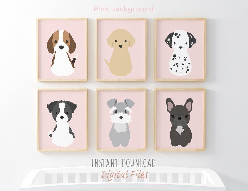 Dog Nursery Prints, Baby Girl Gift, Nursery Art, Pink Nursery Decor, Puppy Prints Set of 6, Girls Room Decor, Printable Digital Download Art image 1