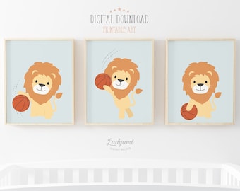Sports Nursery Wall Art - Printable Animal Art Set of 3 - Baby Boy Decor - Lion Basketball -  Instant Download Art