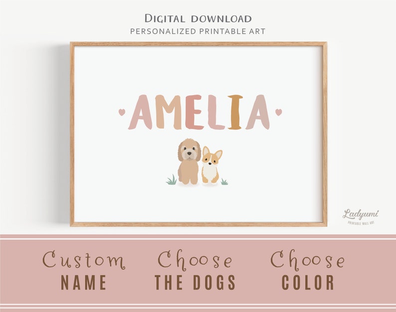 Dog Art for Nursery, Custom Name Print, Mom and Baby Gift, Personalized Dog Print, Dog Nursery, Kids Printable Wall Art, Digital Download image 1
