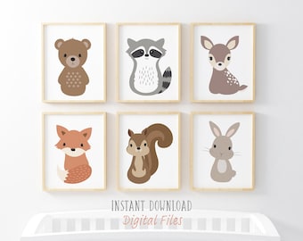 Woodland Animal Nursery Art Prints: Set of 6 (Digital Download)