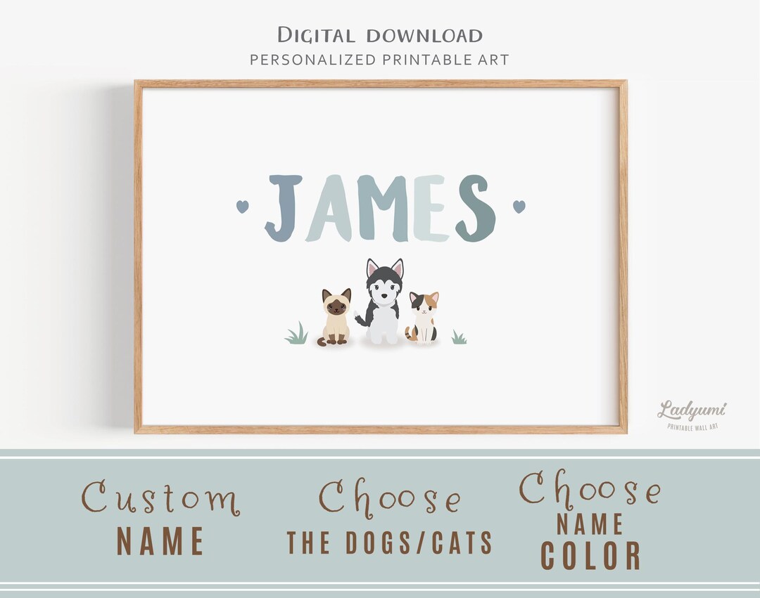 Personalized Nursery Cat & Dog Print: Custom Name Wall Art (digital ...