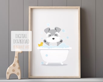 Puppy Printable Art, Kids Bathroom Print, Schanuzer in Bathtub Wall Art, Child Bathroom Print, Digital Download