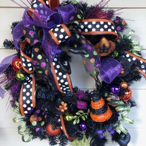 Whimsical Halloween Wreath with Witch Hats and Legs |Front Door Decor | Orange, Black, Purple & Green Ribbon | Halloween Porch Wreath