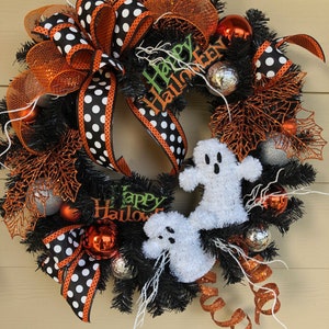 Halloween Wreath For Front Door, Halloween Wreath, Halloween Decor, Ghost Wreath, Orange and Black Wreath